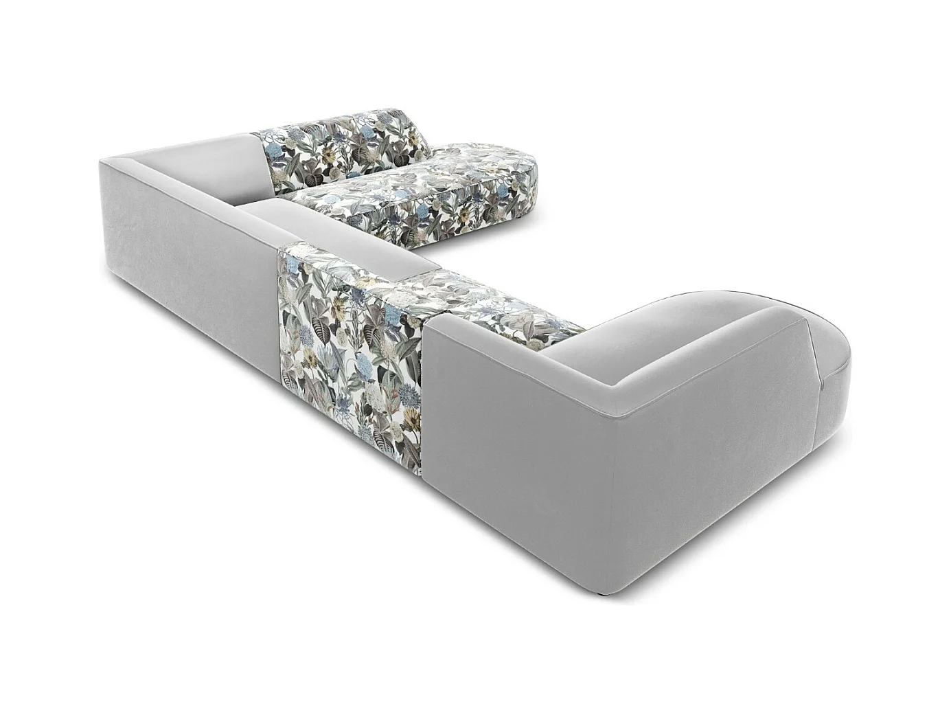 CXL by Christian Lacroix - Panoramische hoekbank rechts "Charles" 7 zitplaatsen, Flueel, lichtblauw, lichtgrijs tuinpatroon - 366x273x69cm