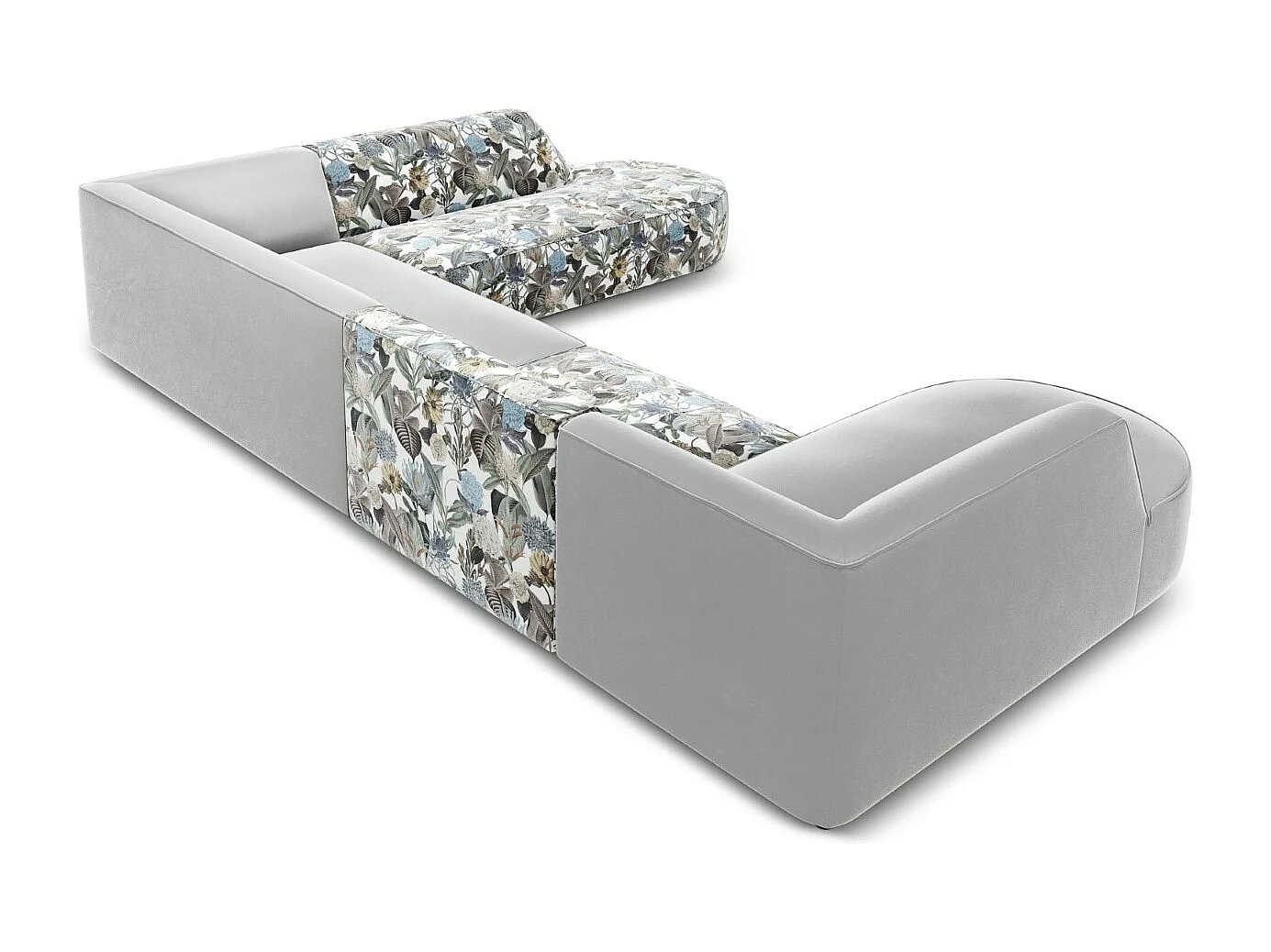 CXL by Christian Lacroix - Panoramische hoekbank rechts "Charles" 7 zitplaatsen, Flueel, lichtblauw, lichtgrijs tuinpatroon - 366x273x69cm