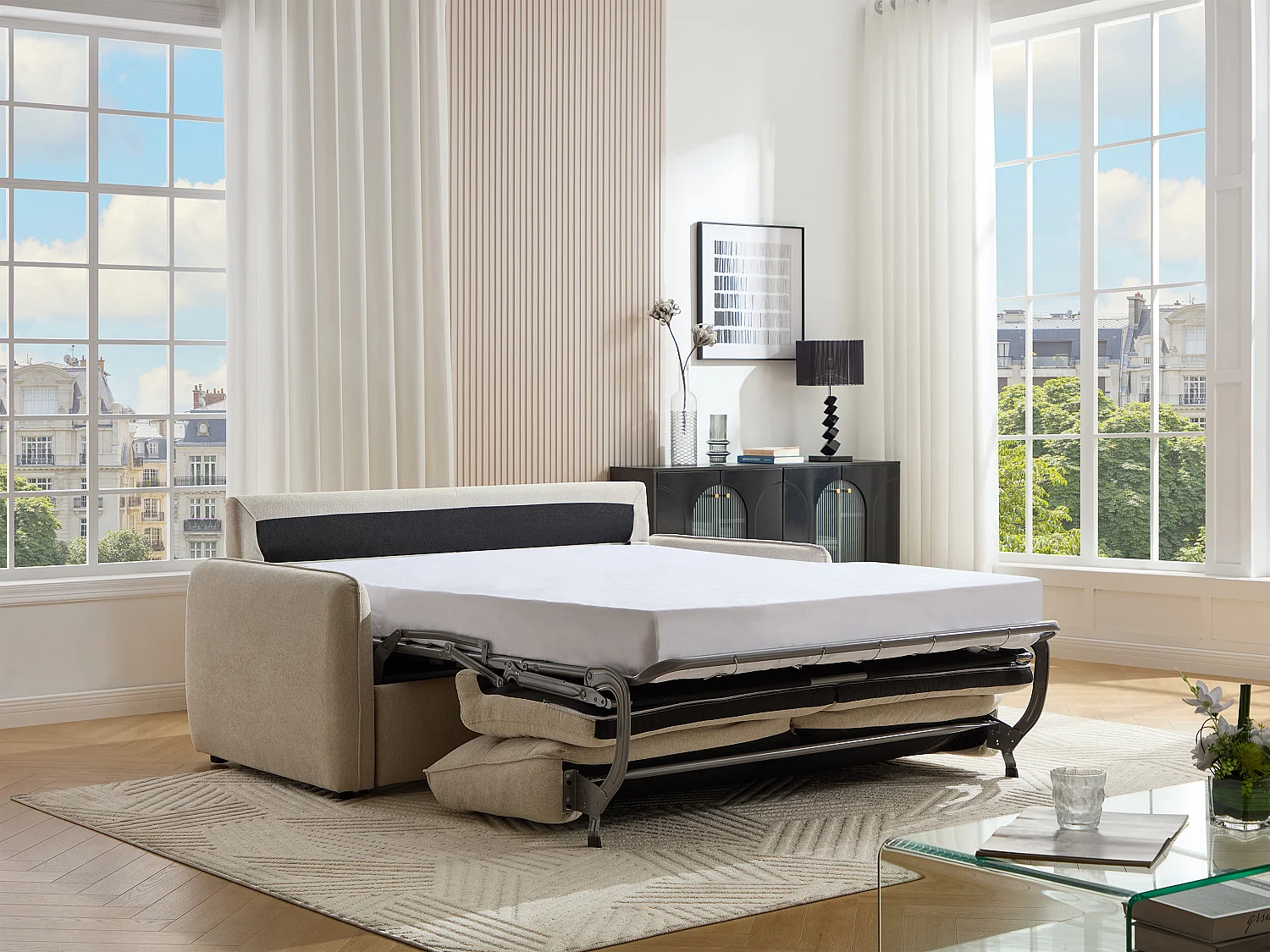 Canapé 3 places convertible express en tissu beige ORELIS