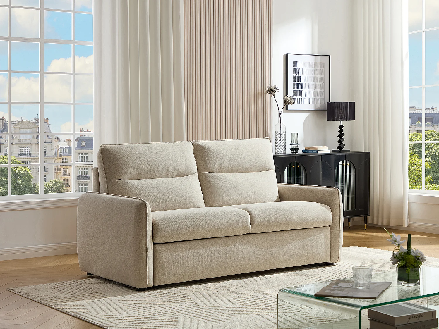 Canapé 3 places convertible express en tissu beige ORELIS