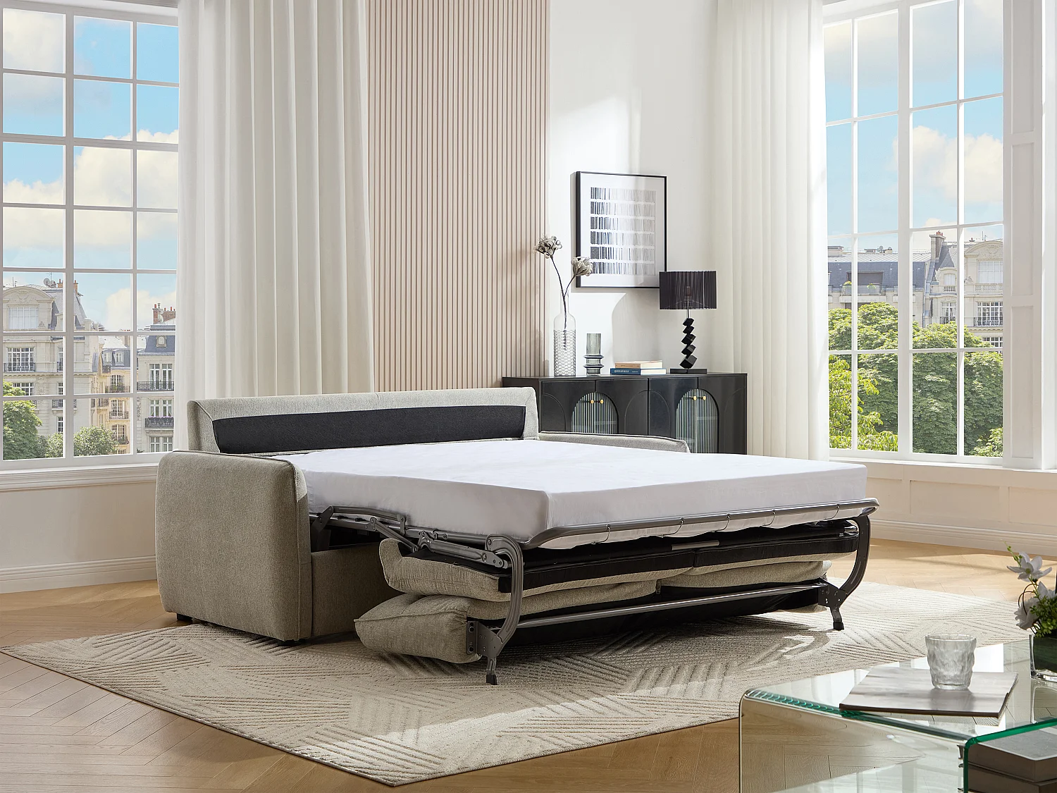 3-personers sofabed med ekspresudtræk i gråt stof ORELIS