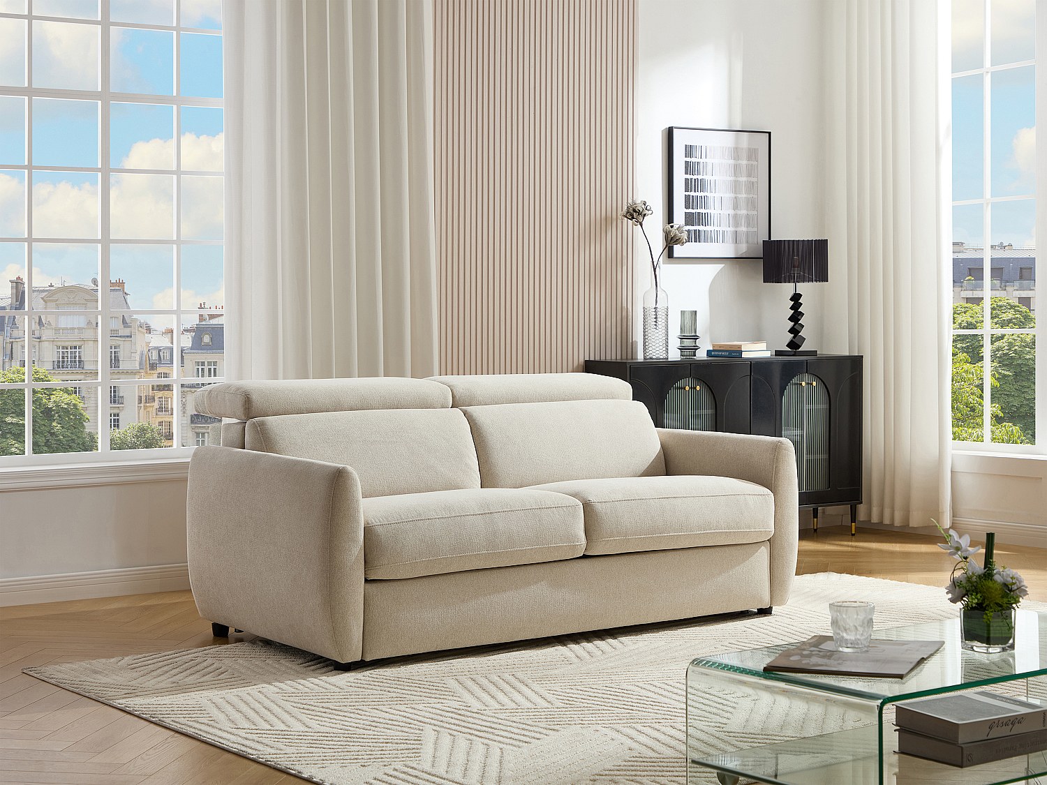 3-Sitzer-Schlafsofa mit Schlaffunktion aus beigem Stoff SOVALI günstig online kaufen