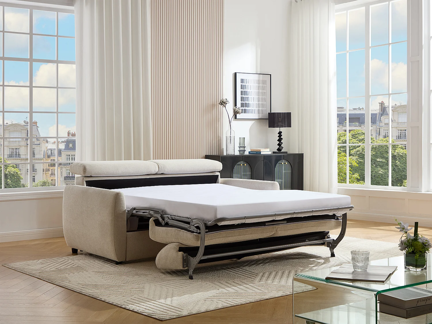 Canapé 3 places convertible express en tissu beige SOVALI