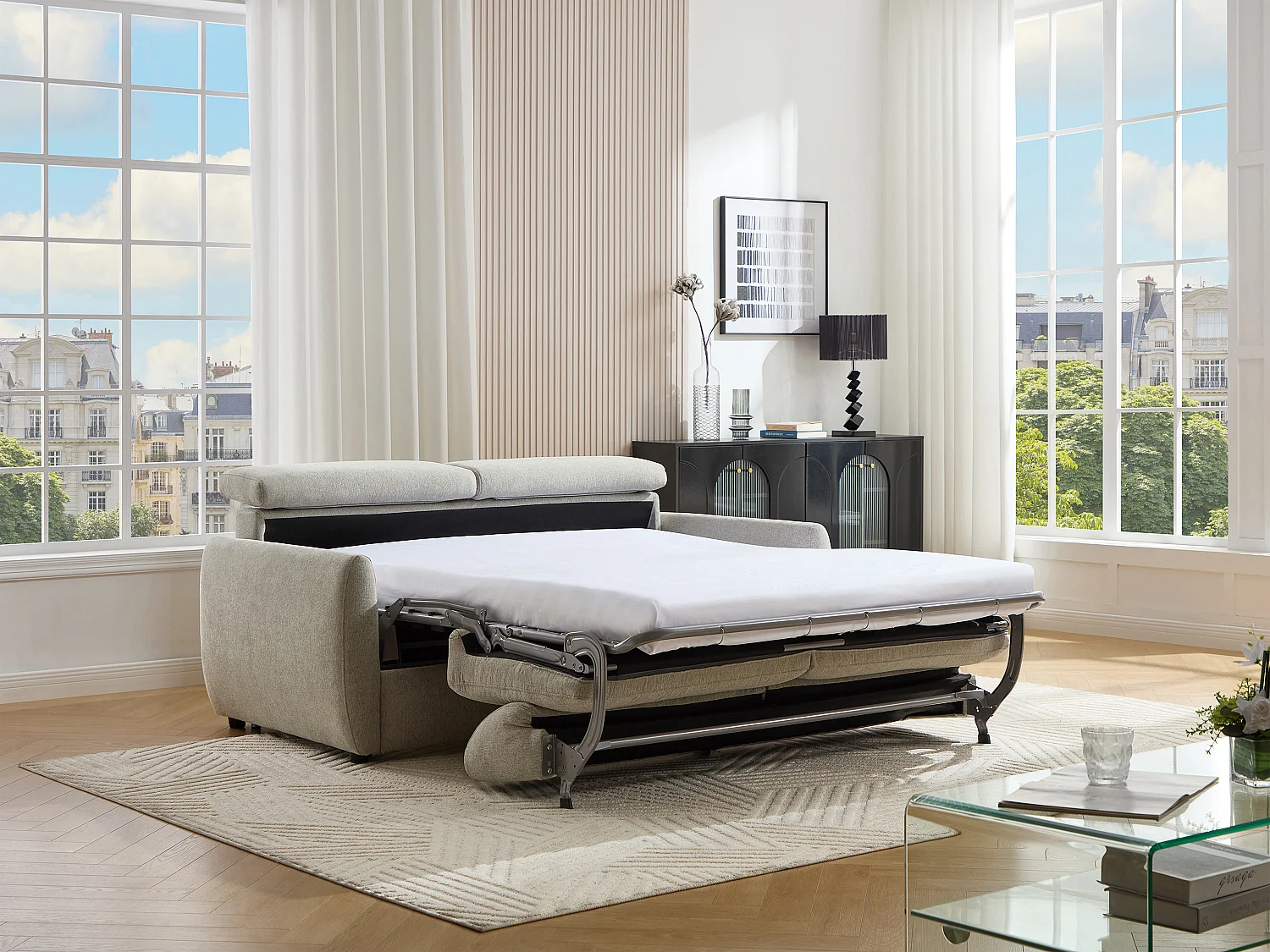 Canapé 3 places convertible express en tissu gris clair SOVALI