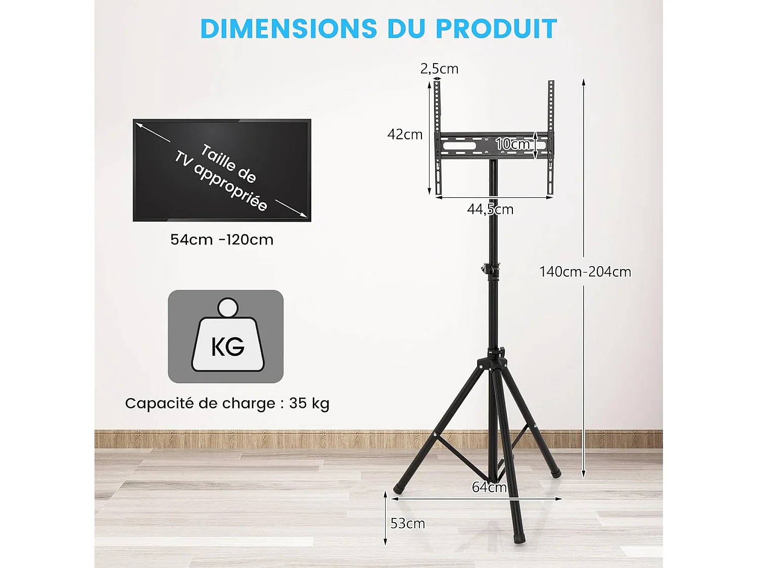 Support TV sur Pied Universel Pivotant pour TV 21’’ à 47’’ LCD LED Plasma, Hauteur Réglable, Trépied Pliable, Pied TV Antidérapant en Métal, Charge Max 35kg, pour Chambre, Salon, Bureau
