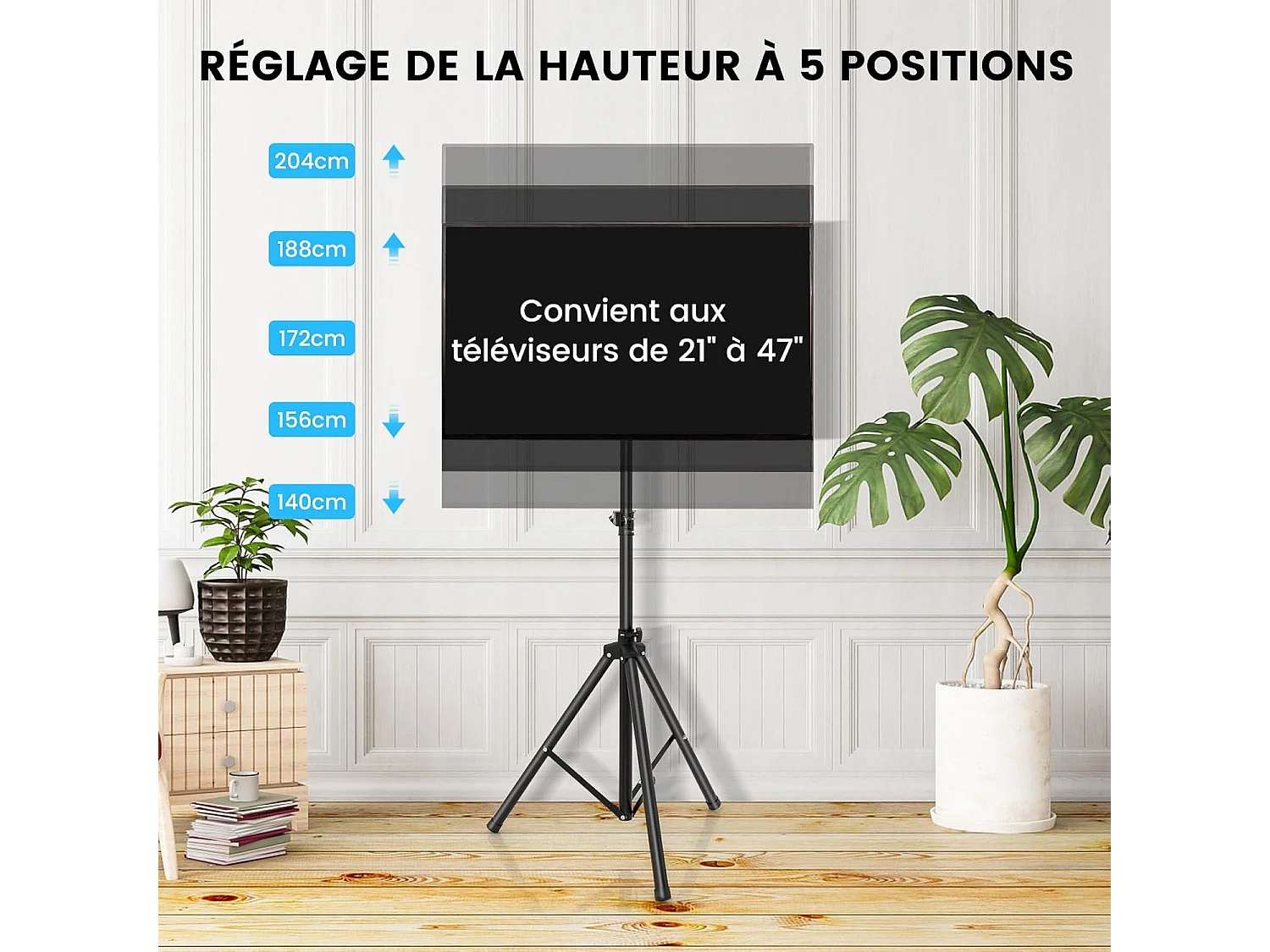 Support TV sur Pied Universel Pivotant pour TV 21’’ à 47’’ LCD LED Plasma, Hauteur Réglable, Trépied Pliable, Pied TV Antidérapant en Métal, Charge Max 35kg, pour Chambre, Salon, Bureau