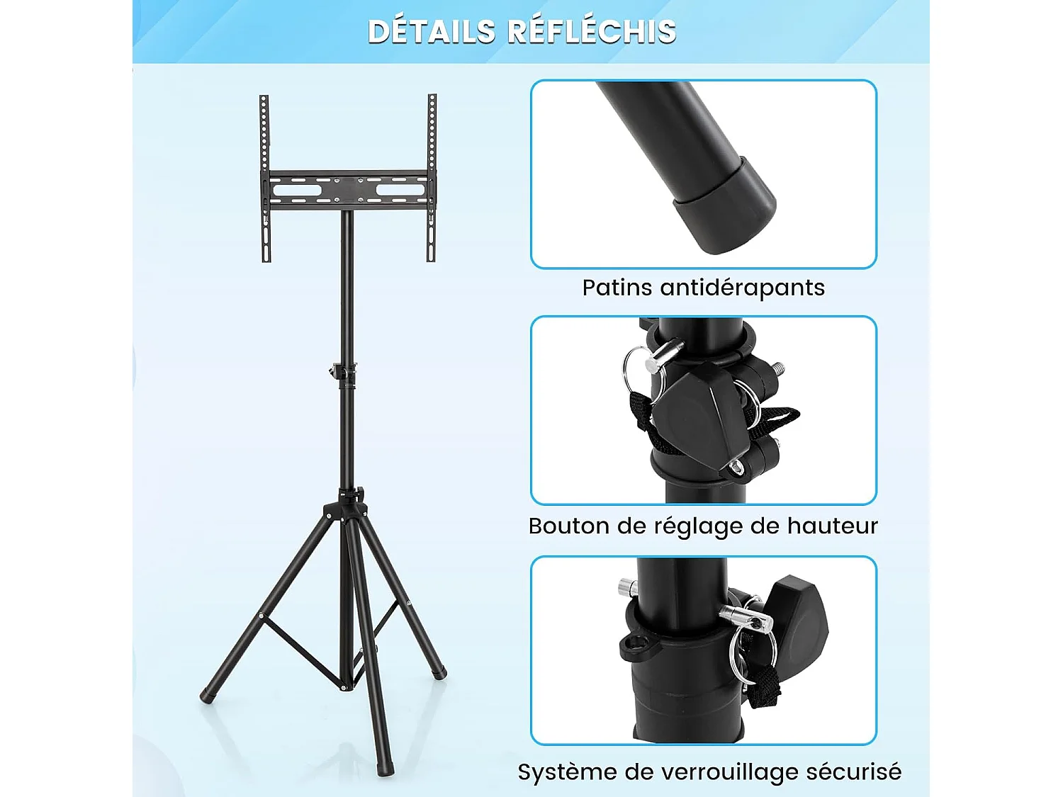 Support TV sur Pied Universel Pivotant pour TV 21’’ à 47’’ LCD LED Plasma, Hauteur Réglable, Trépied Pliable, Pied TV Antidérapant en Métal, Charge Max 35kg, pour Chambre, Salon, Bureau