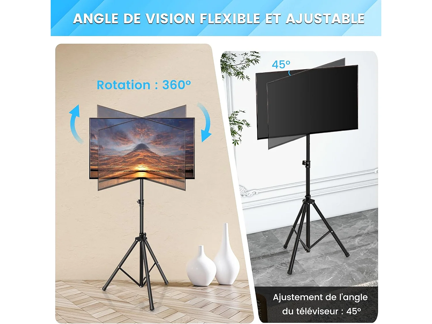 Support TV sur Pied Universel Pivotant pour TV 21’’ à 47’’ LCD LED Plasma, Hauteur Réglable, Trépied Pliable, Pied TV Antidérapant en Métal, Charge Max 35kg, pour Chambre, Salon, Bureau