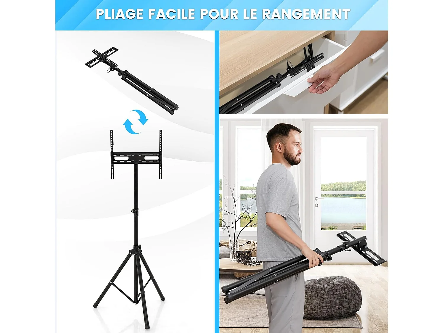 Support TV sur Pied Universel Pivotant pour TV 21’’ à 47’’ LCD LED Plasma, Hauteur Réglable, Trépied Pliable, Pied TV Antidérapant en Métal, Charge Max 35kg, pour Chambre, Salon, Bureau