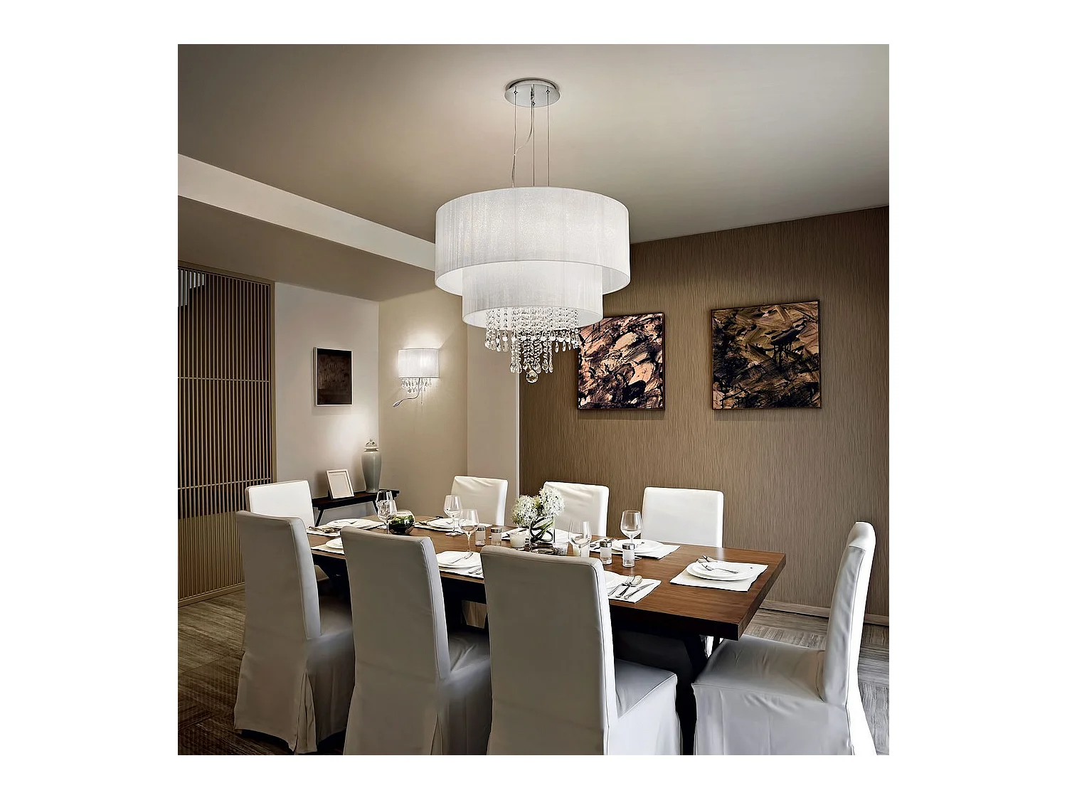 Ideal Lux Opera Suspension à 6 ampoules au fini chrome, cristaux avec abat-jour blanc, E27