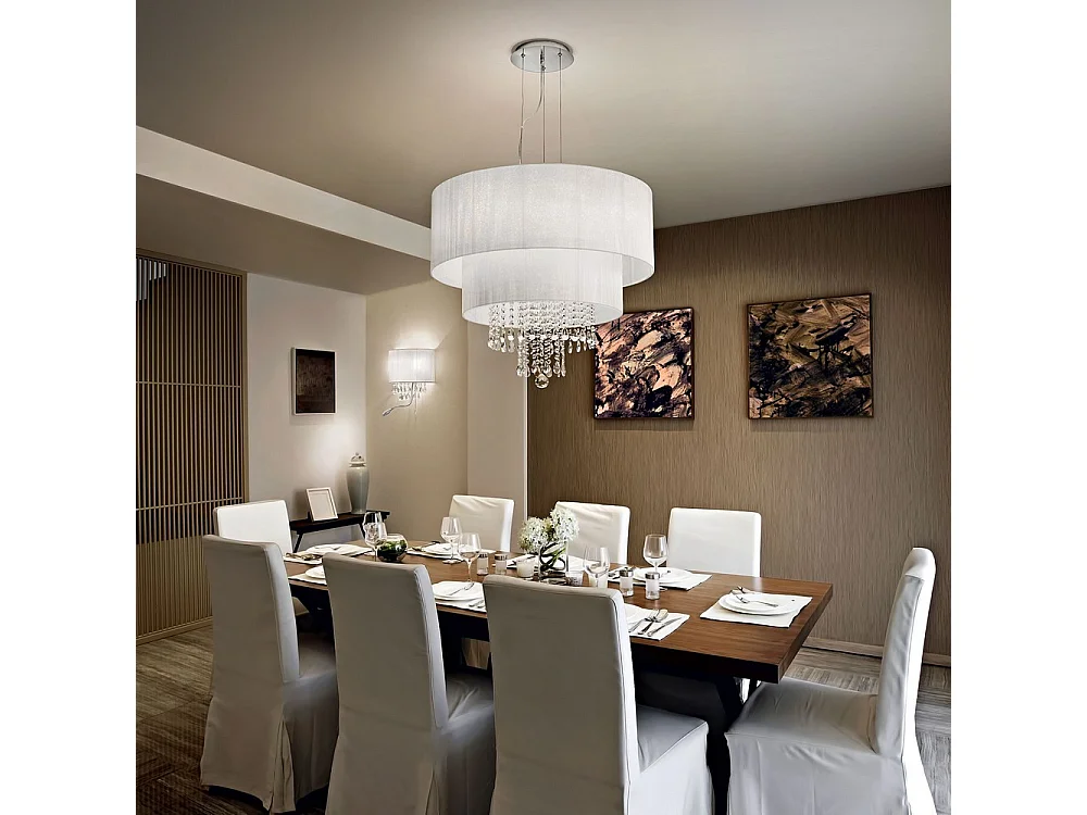 Ideal Lux Opera Suspension à 6 ampoules au fini chrome, cristaux avec abat-jour blanc, E27