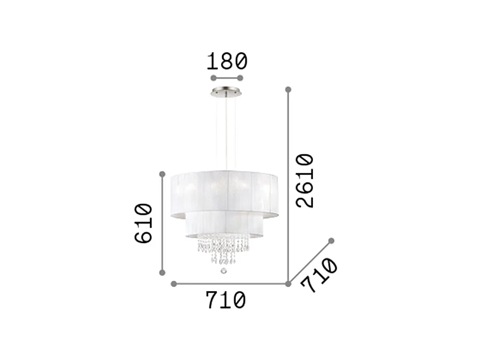 Ideal Lux Opera Suspension à 6 ampoules au fini chrome, cristaux avec abat-jour blanc, E27