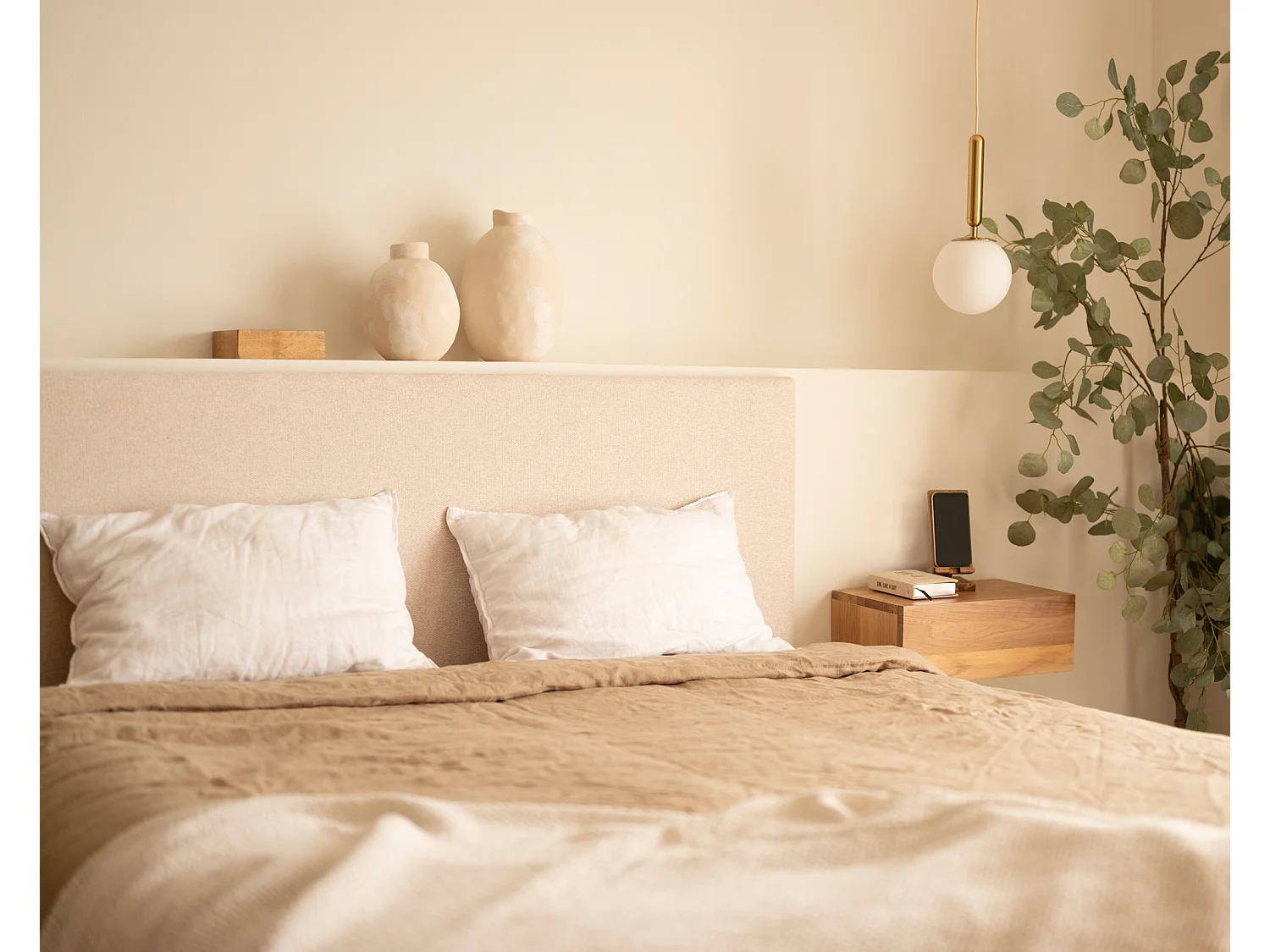 Testiera imbottita in poliestere liscio colore beige 180x60cm - HOOLA - DECOWOOD