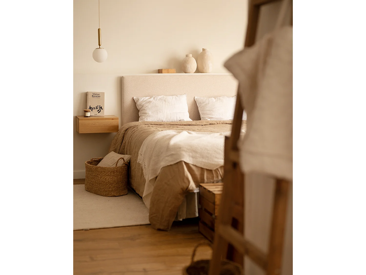 Testiera imbottita in poliestere liscio colore beige 200x60cm - HOOLA - DECOWOOD