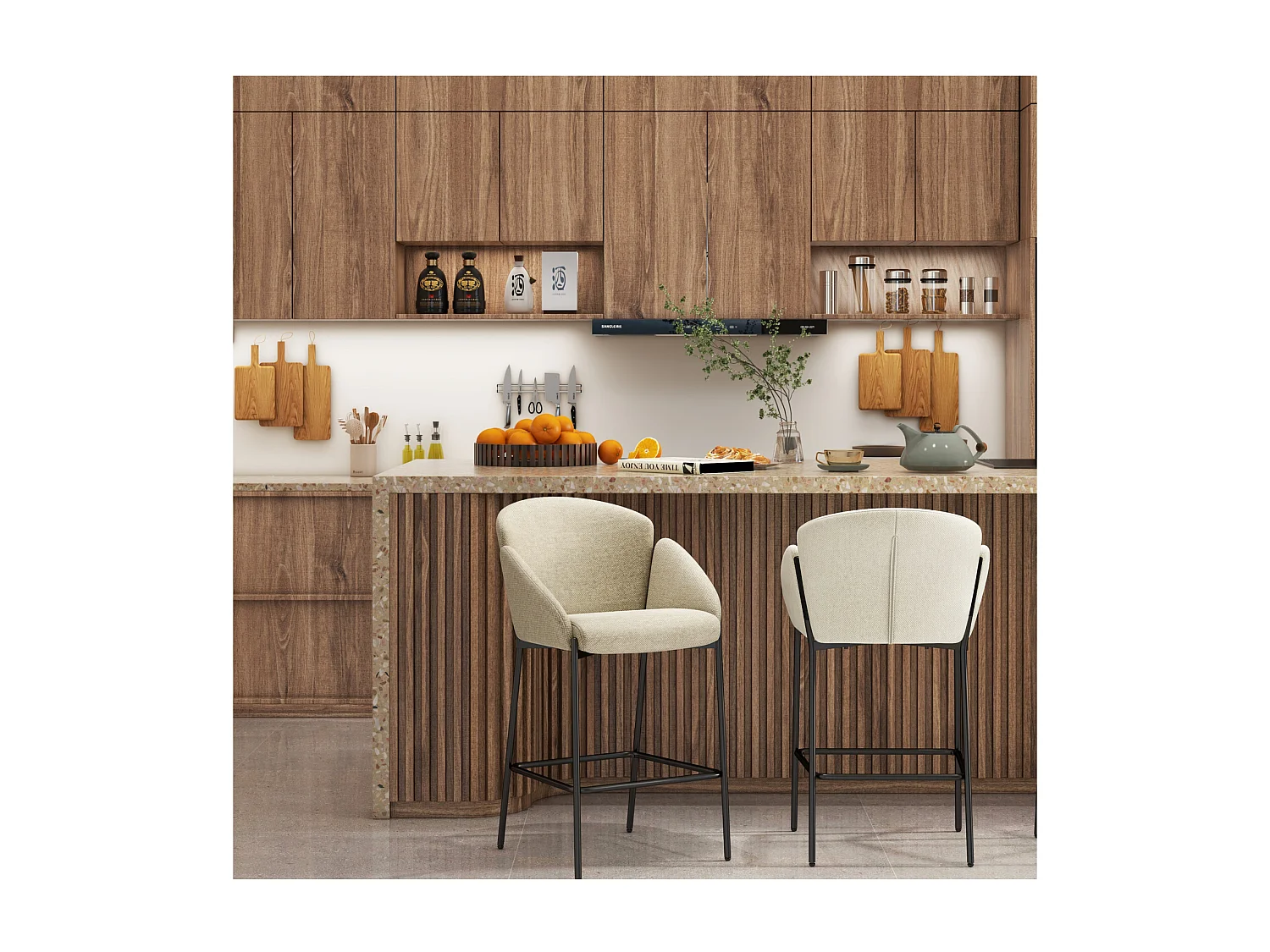 CANDICE-Silla de bar de tela beige (x2)