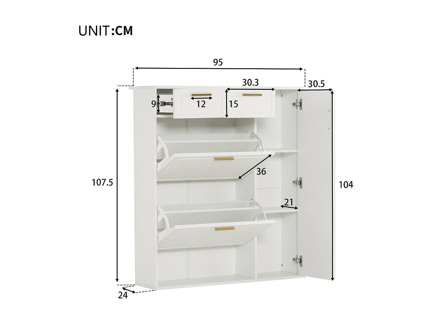 Meuble à chaussures - 3 abattants, 2 tiroirs et 2 étagères - Blanc