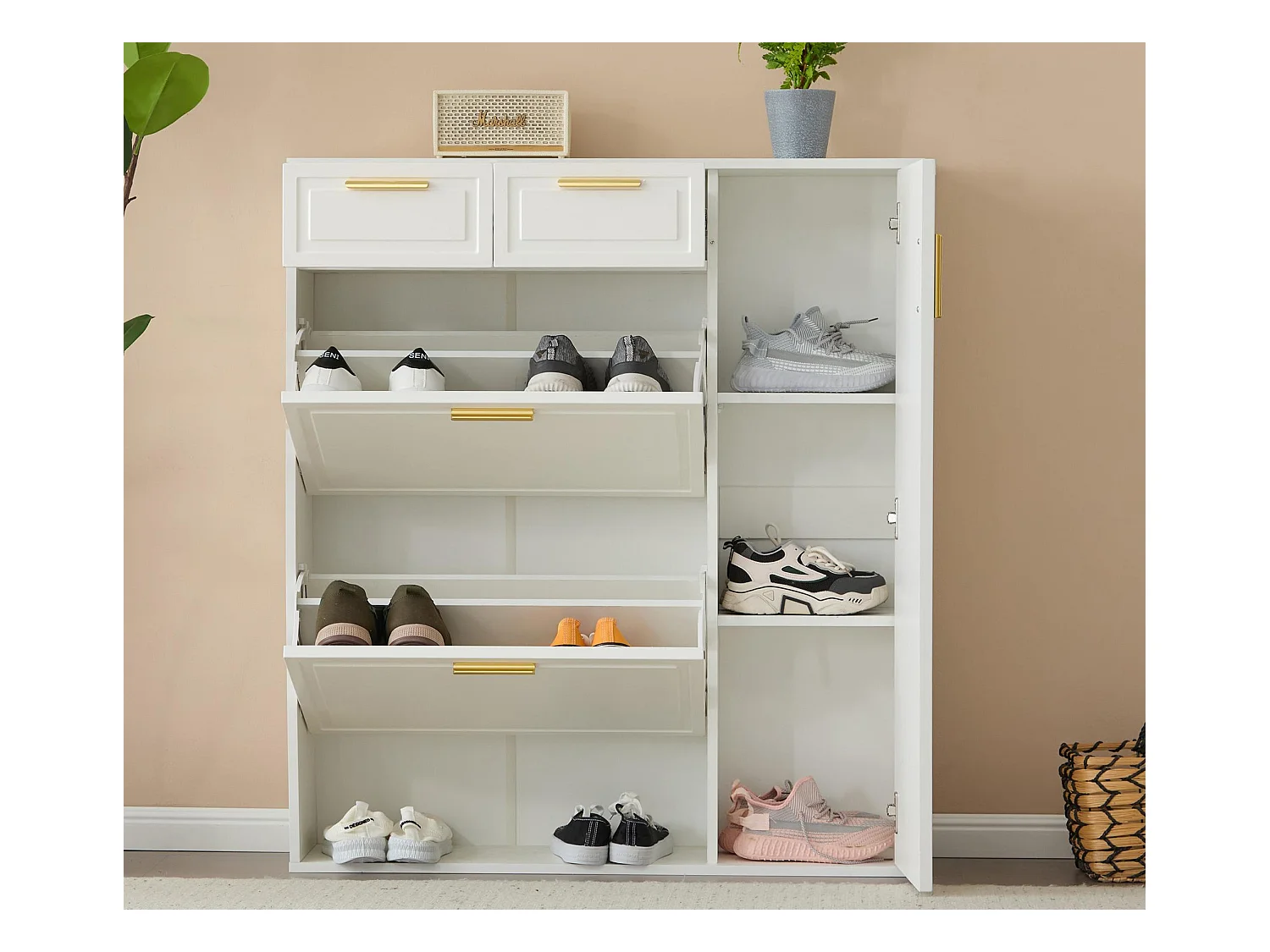 Meuble à chaussures - 3 abattants, 2 tiroirs et 2 étagères - Blanc