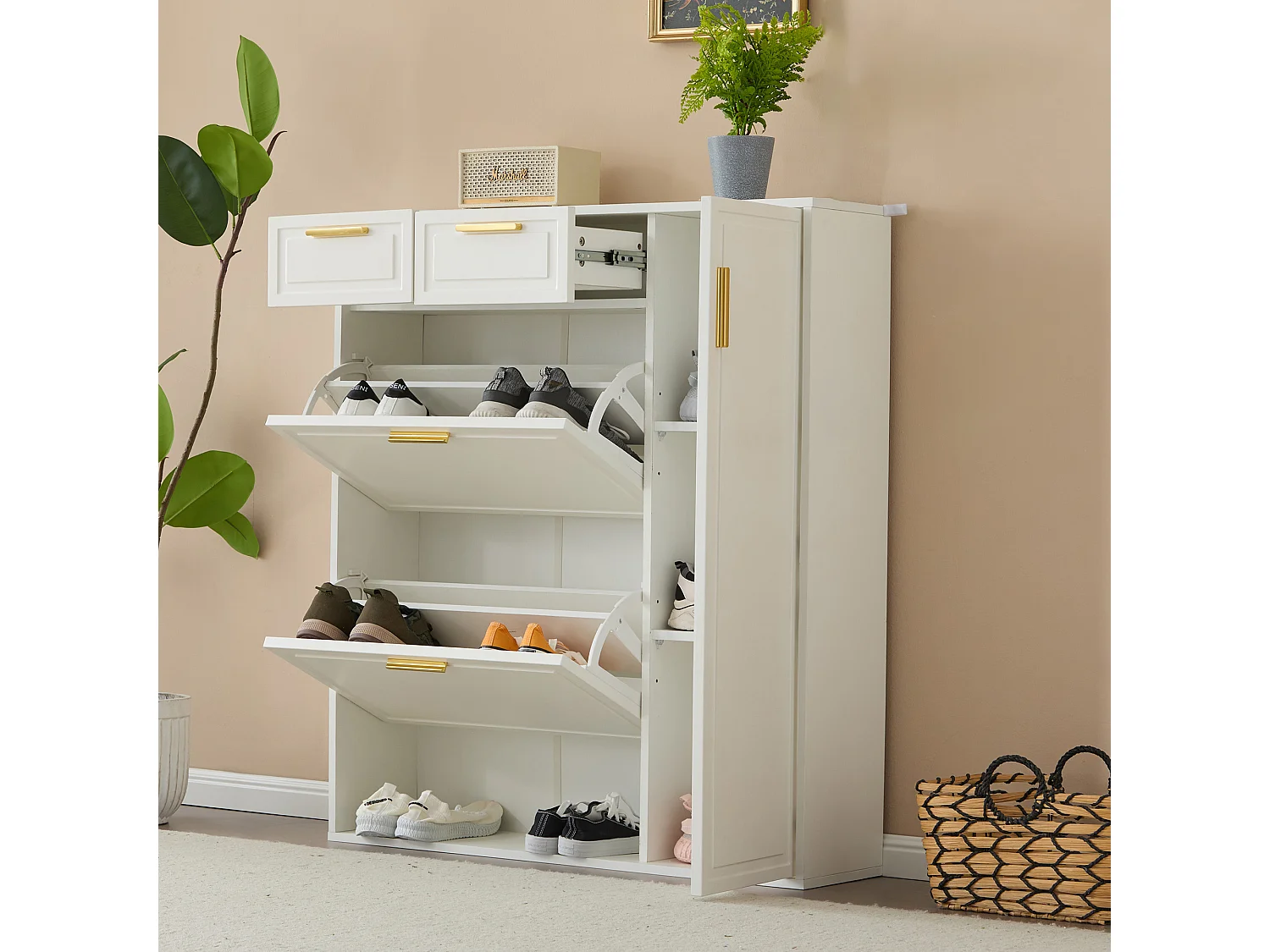 Mebel na buty - 3 klapy, 2 szuflady i 2 półki - Biały