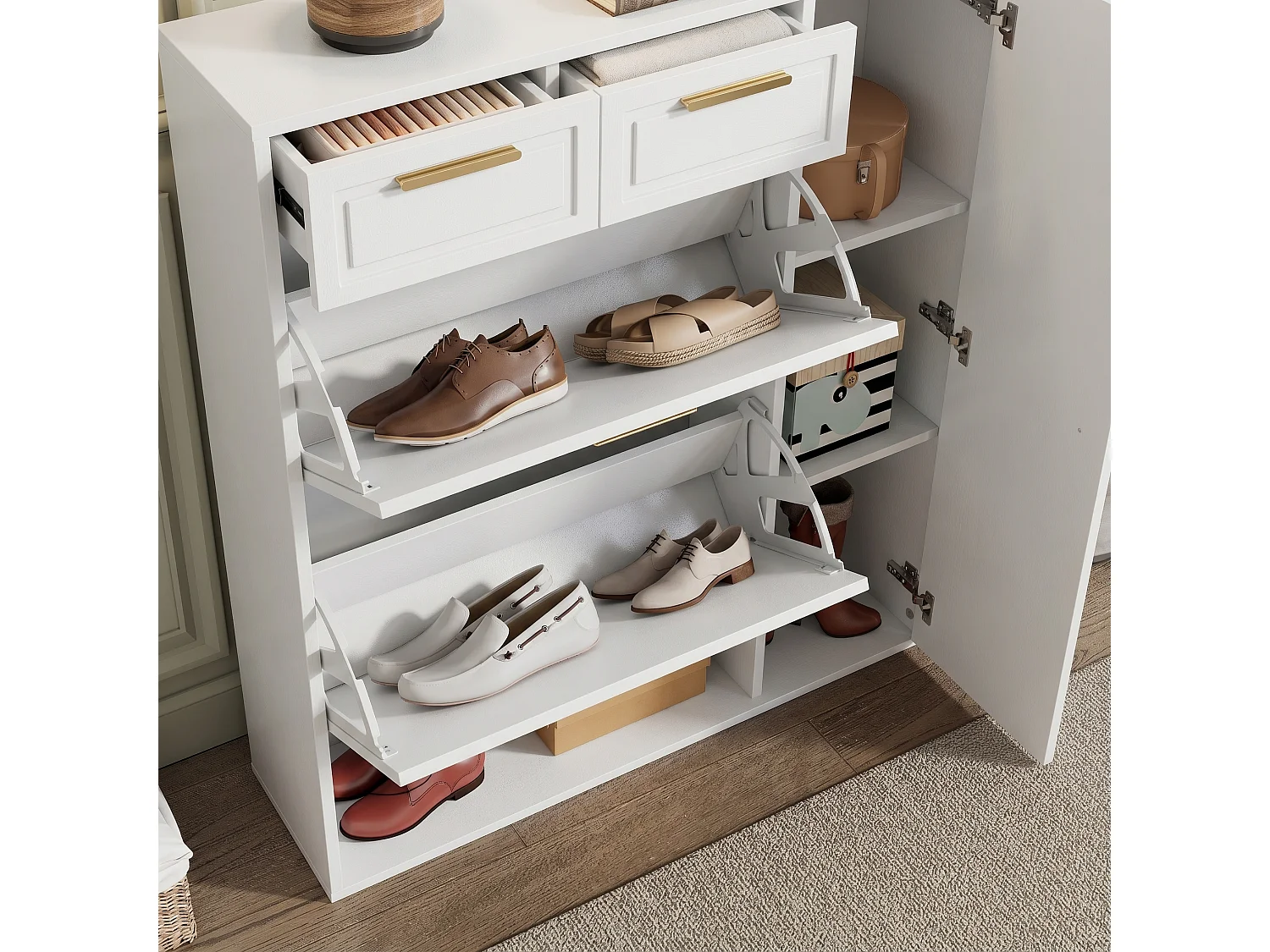 Meuble à chaussures - 3 abattants, 2 tiroirs et 2 étagères - Blanc