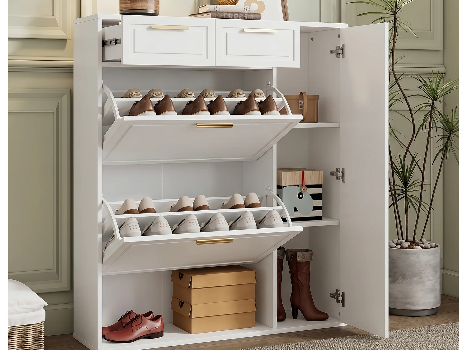 Meuble à chaussures - 3 abattants, 2 tiroirs et 2 étagères - Blanc