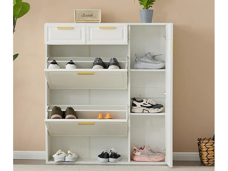 Schuhschrank – 3 Klappen, 2 Schubladen und 2 Einlegeböden – Weiß