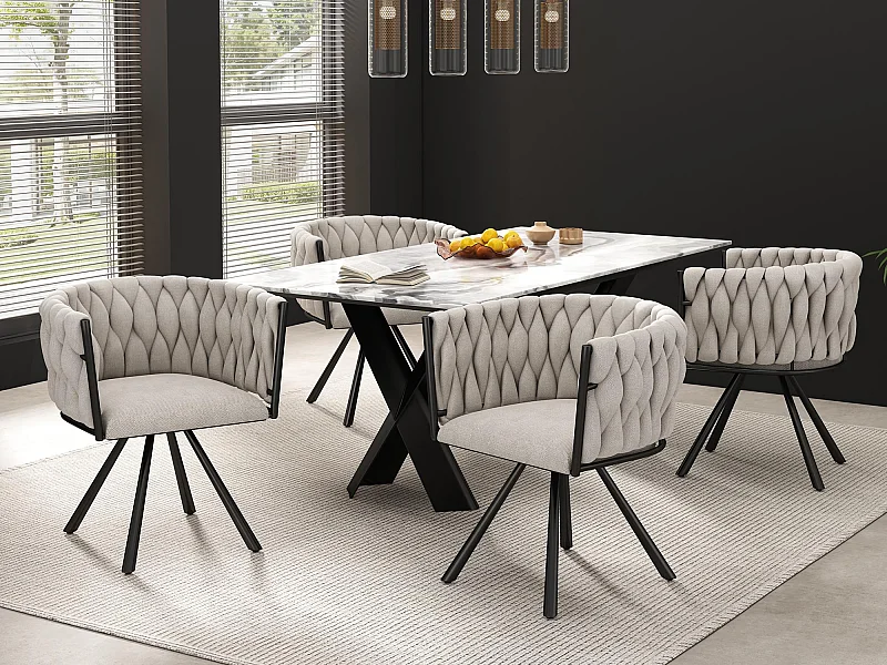 Lot de 4 chaises pivotantes en lin avec accoudoirs - pieds en métal noir - Beige