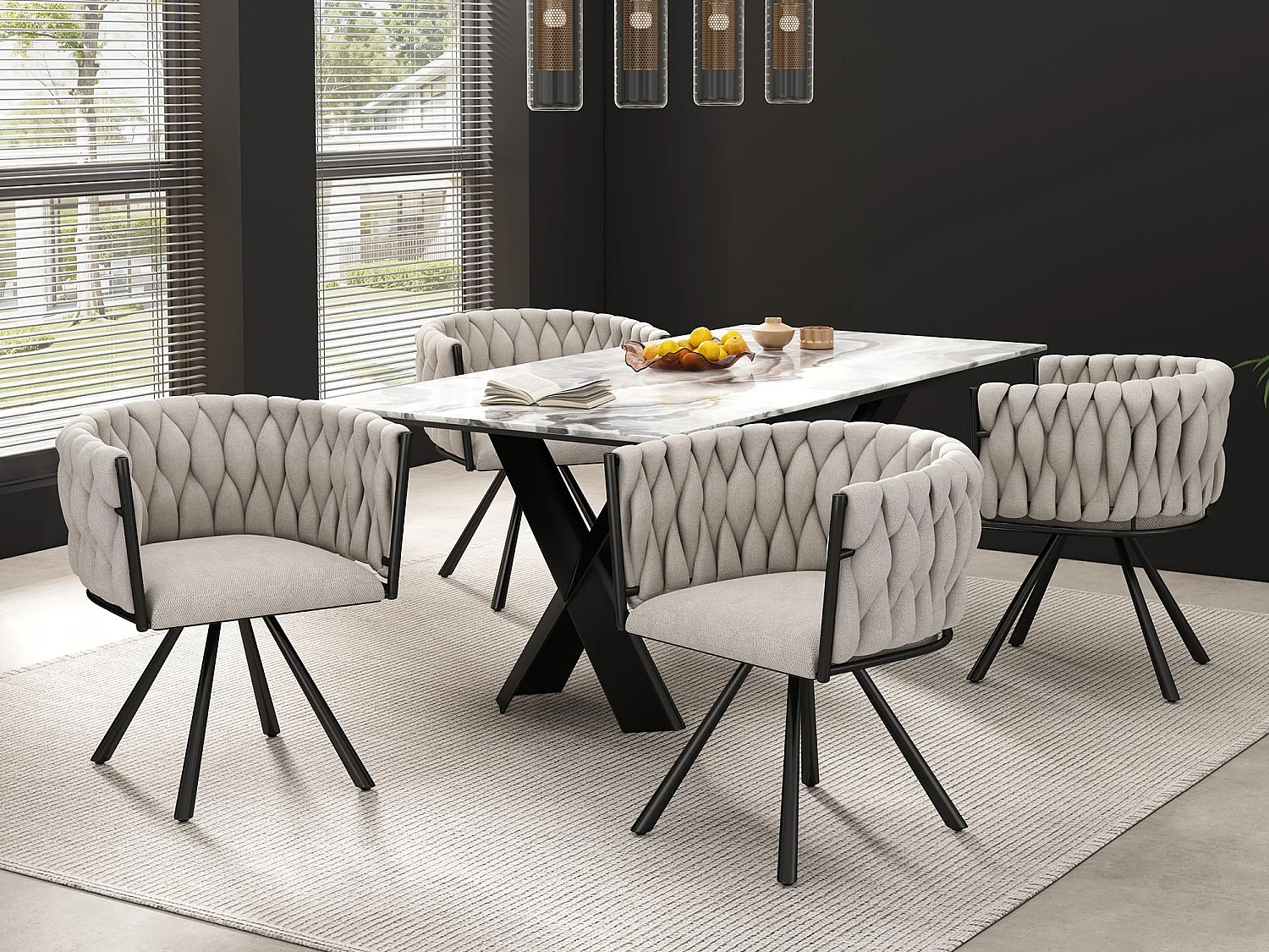 Conjunto de 4 cadeiras giratórias em linho com braços - pernas em metal preto - Bege