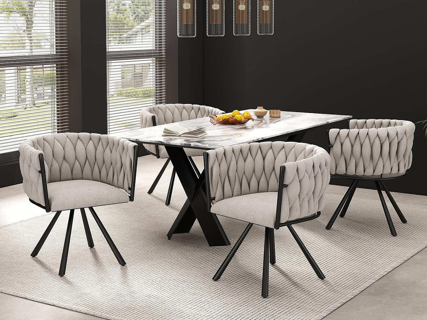 Homy Casa- Set di 4 sedie da pranzo girevoli in tessuto, design con seduta imbottita, per soggiorno e cucina, con gambe nere in metallo, beige
