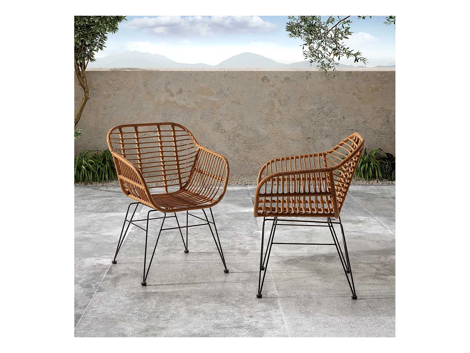 Stuhl-set 2 Esszimmer- oder Gartenstühlen Elda, Ratan/Schwarz