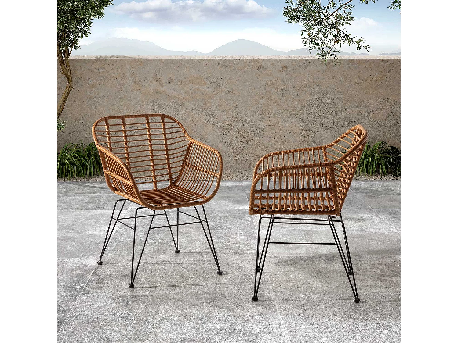 Pack de 2 chaises de salle à manger ou de jardin Elda Ratan/Noir