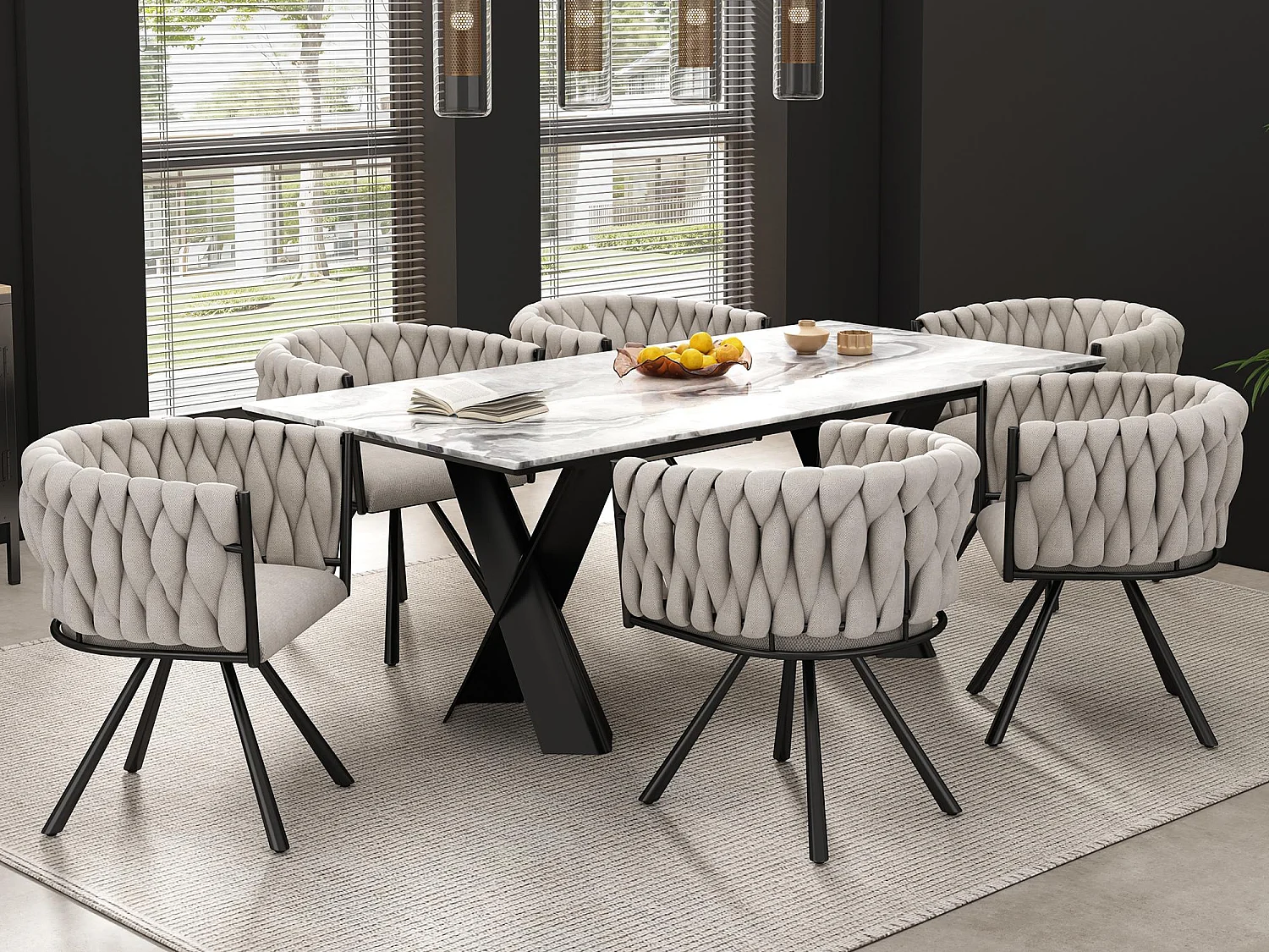 Conjunto de 6 cadeiras giratórias em linho com braços - pernas em metal preto - Bege