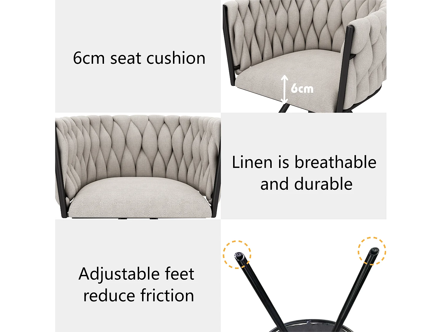 Lot de 6 chaises pivotantes en lin avec accoudoirs - pieds en métal noir - Beige