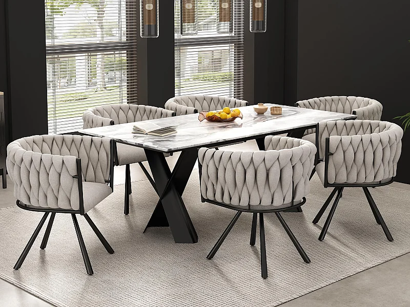 Lot de 6 chaises pivotantes en lin avec accoudoirs - pieds en métal noir - Beige