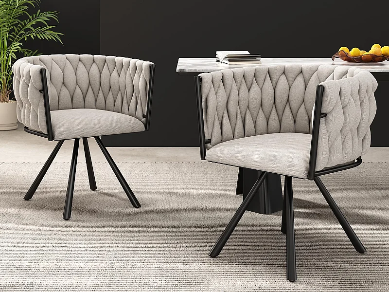 Lot de 2 chaises pivotantes en lin avec accoudoirs - pieds en métal noir - Beige