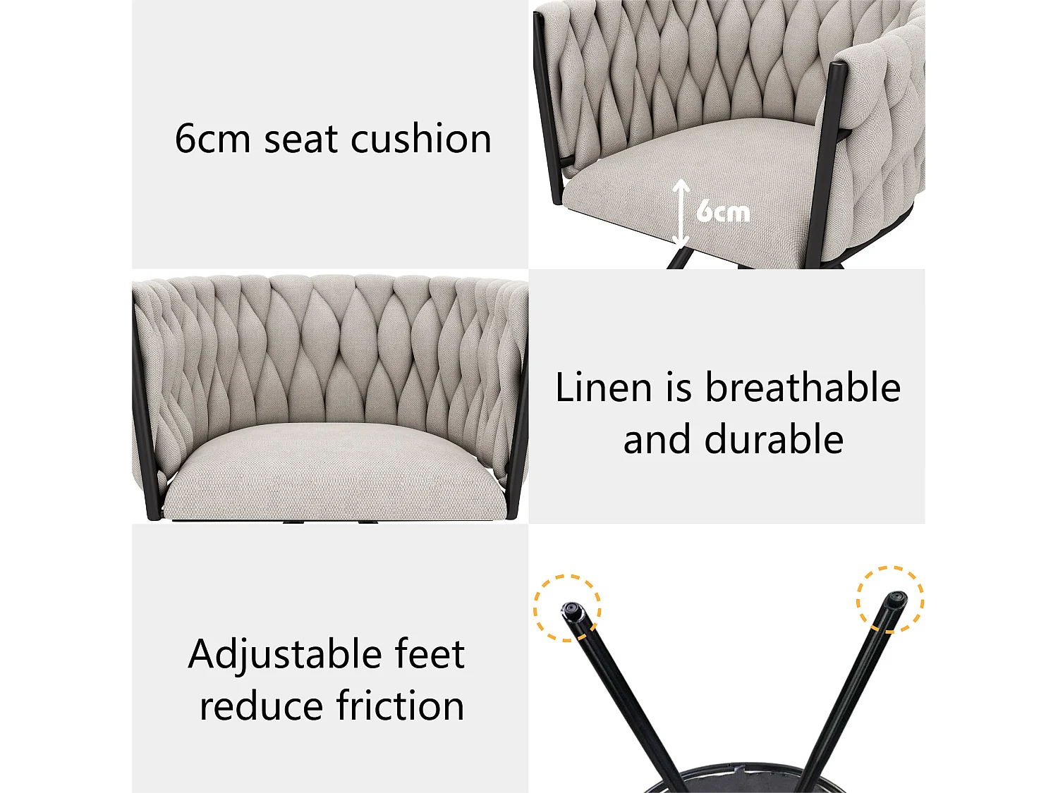 Lot de 2 chaises pivotantes en lin avec accoudoirs - pieds en métal noir - Beige