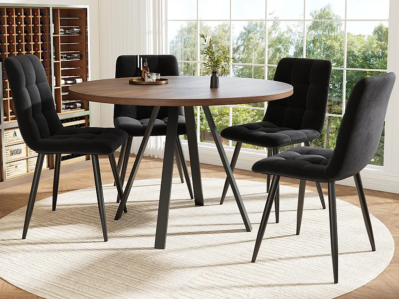 Table à manger ronde moderne (diamètre 80 cm), support métallique, plateau effet grain de bois, Marron