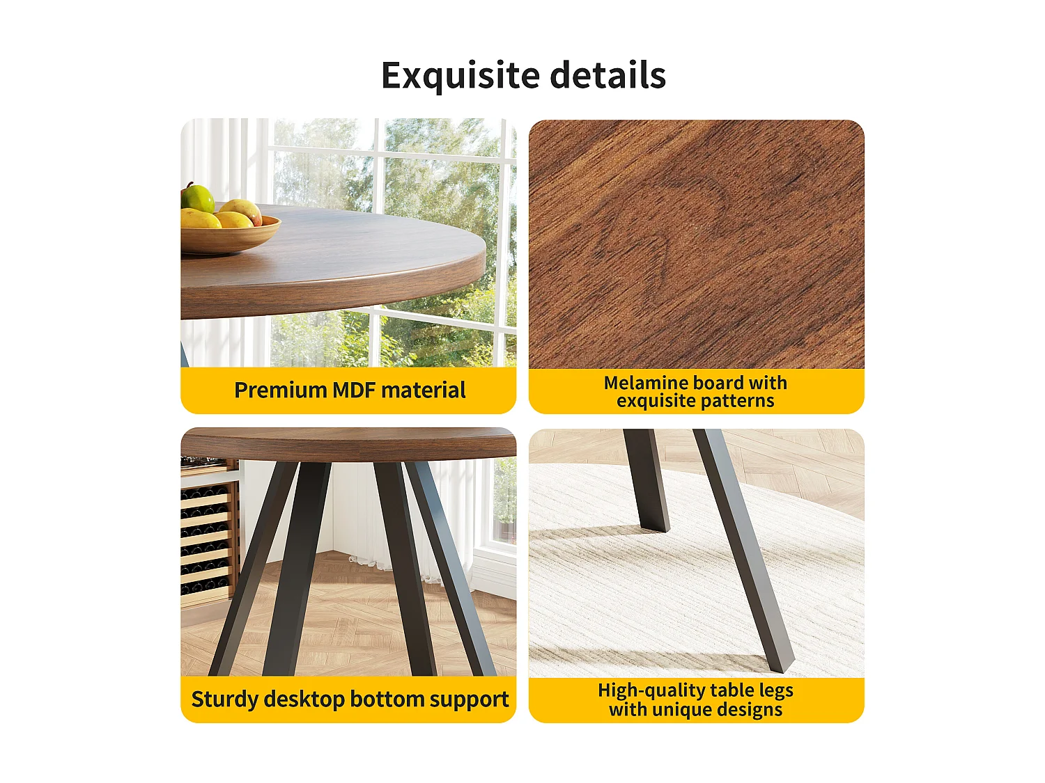 Moderne ronde eettafel (diameter 80 cm), metalen onderstel, blad met houtnerfeffect, bruin