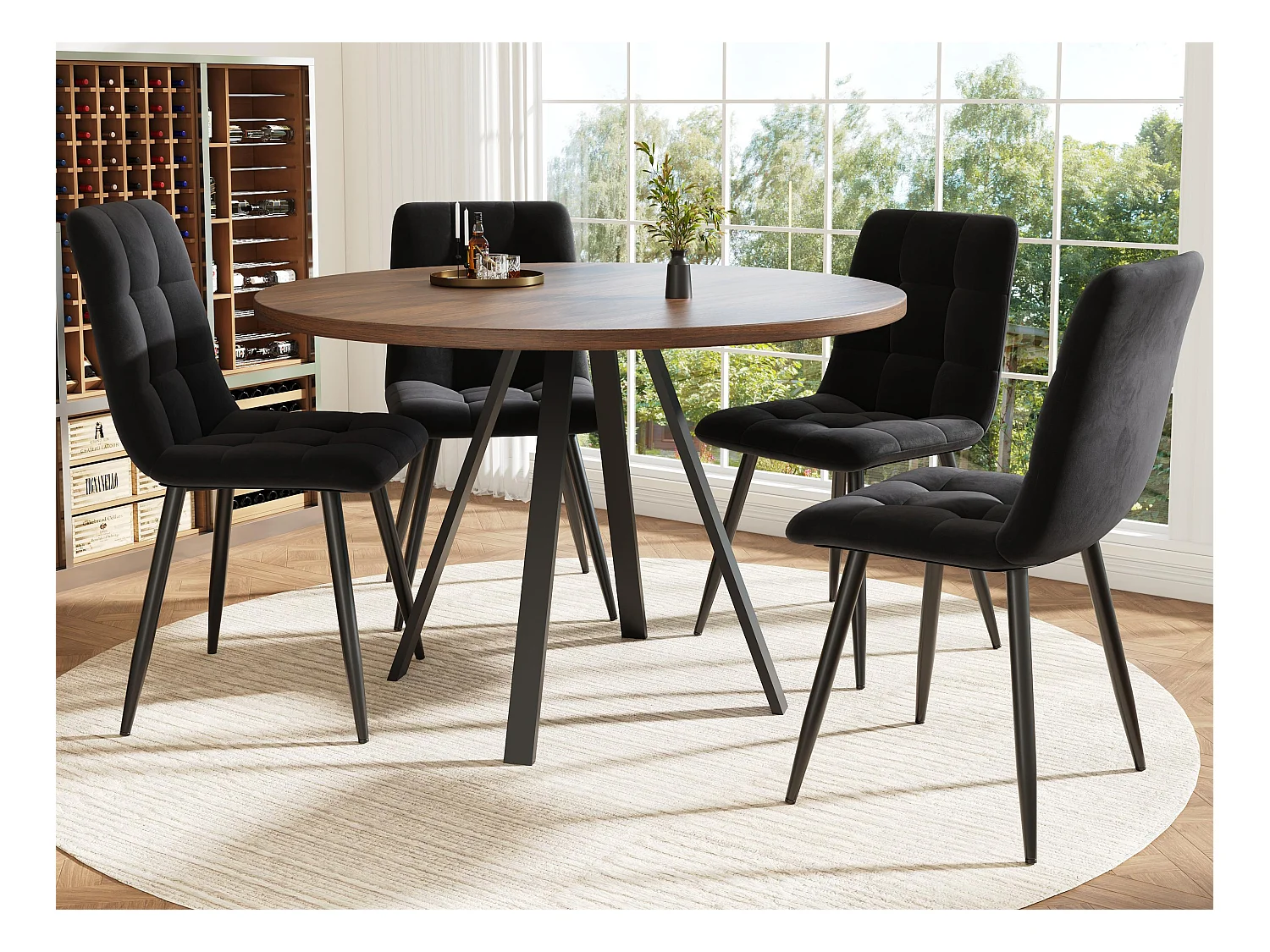 Table à manger ronde moderne (diamètre 80 cm), support métallique, plateau effet grain de bois, Marron