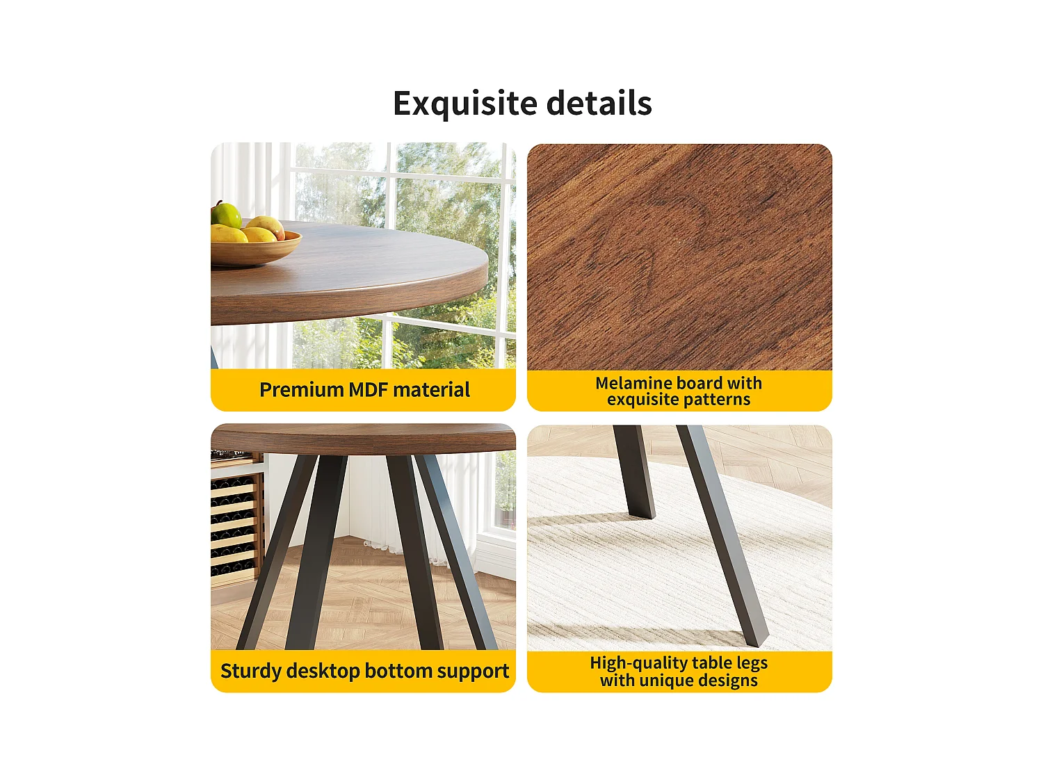 Table à manger ronde moderne (diamètre 80 cm), support métallique, plateau effet grain de bois, Marron