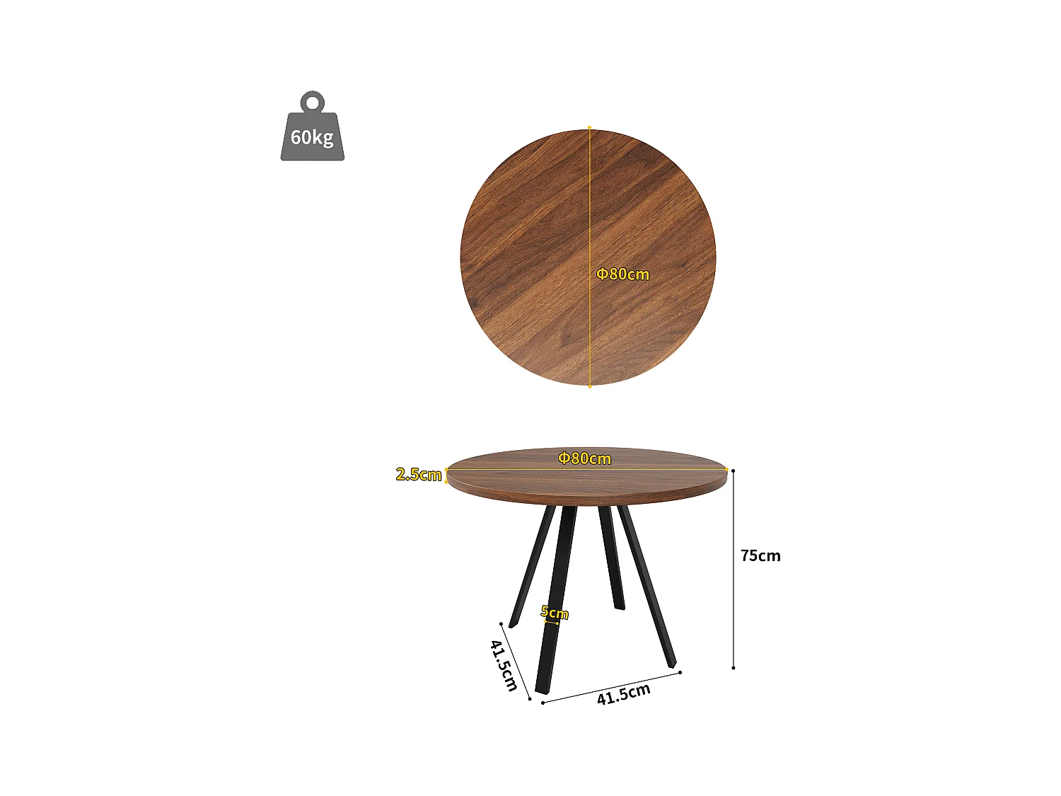 Table à manger ronde moderne (diamètre 80 cm), support métallique, plateau effet grain de bois, Marron