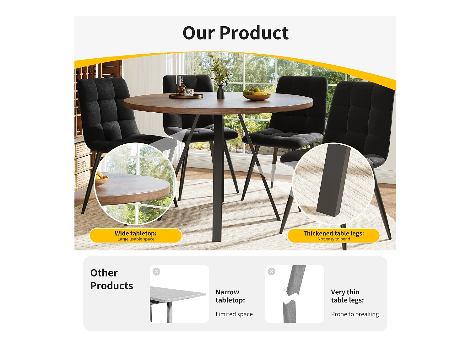 Table à manger ronde moderne (diamètre 80 cm), support métallique, plateau effet grain de bois, Marron