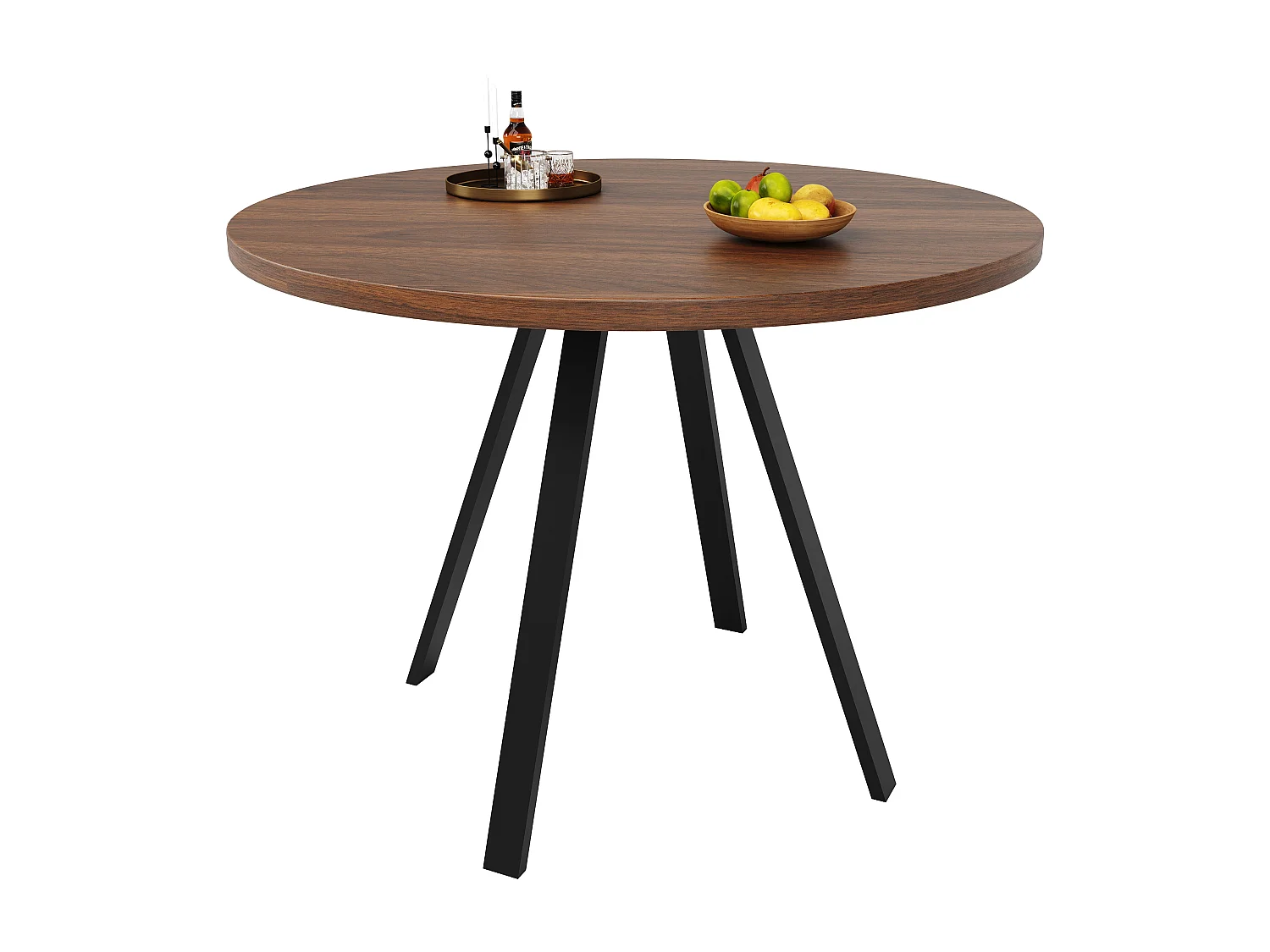 Moderner runder Esstisch (Durchmesser 80 cm), Metallgestell, Tischplatte mit Holzmaserung, Braun