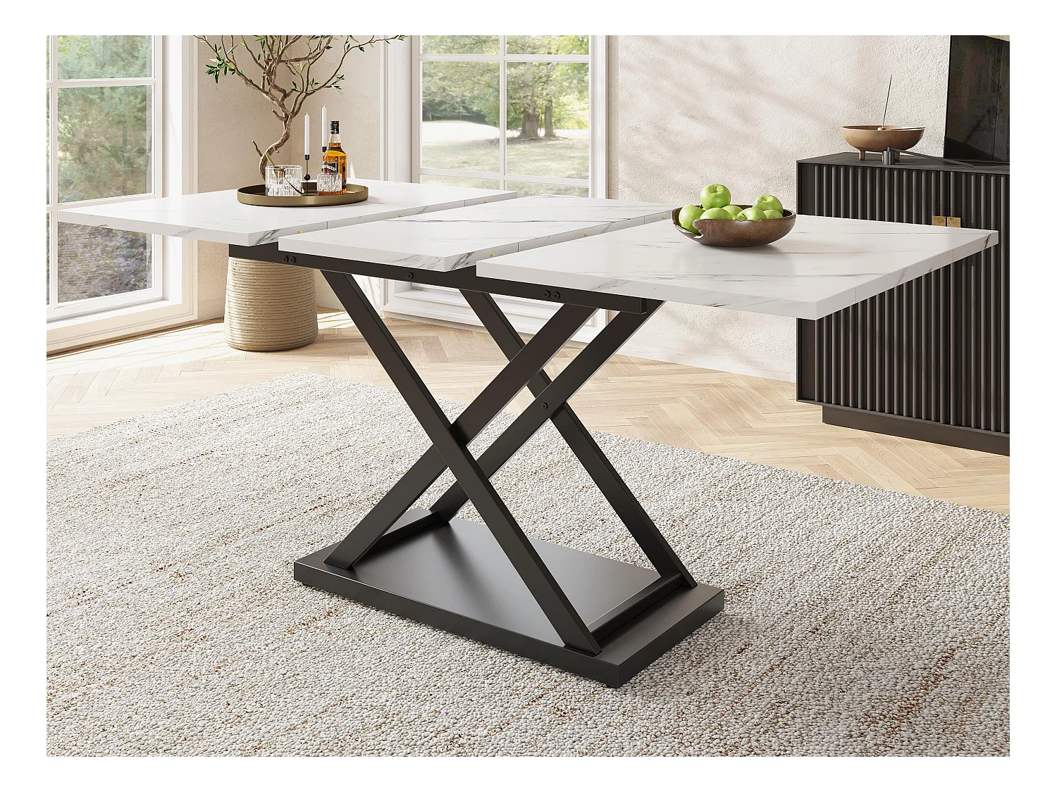 Table à manger escamotable - en MDF & Métal - plateau effet marbre - Blanc
