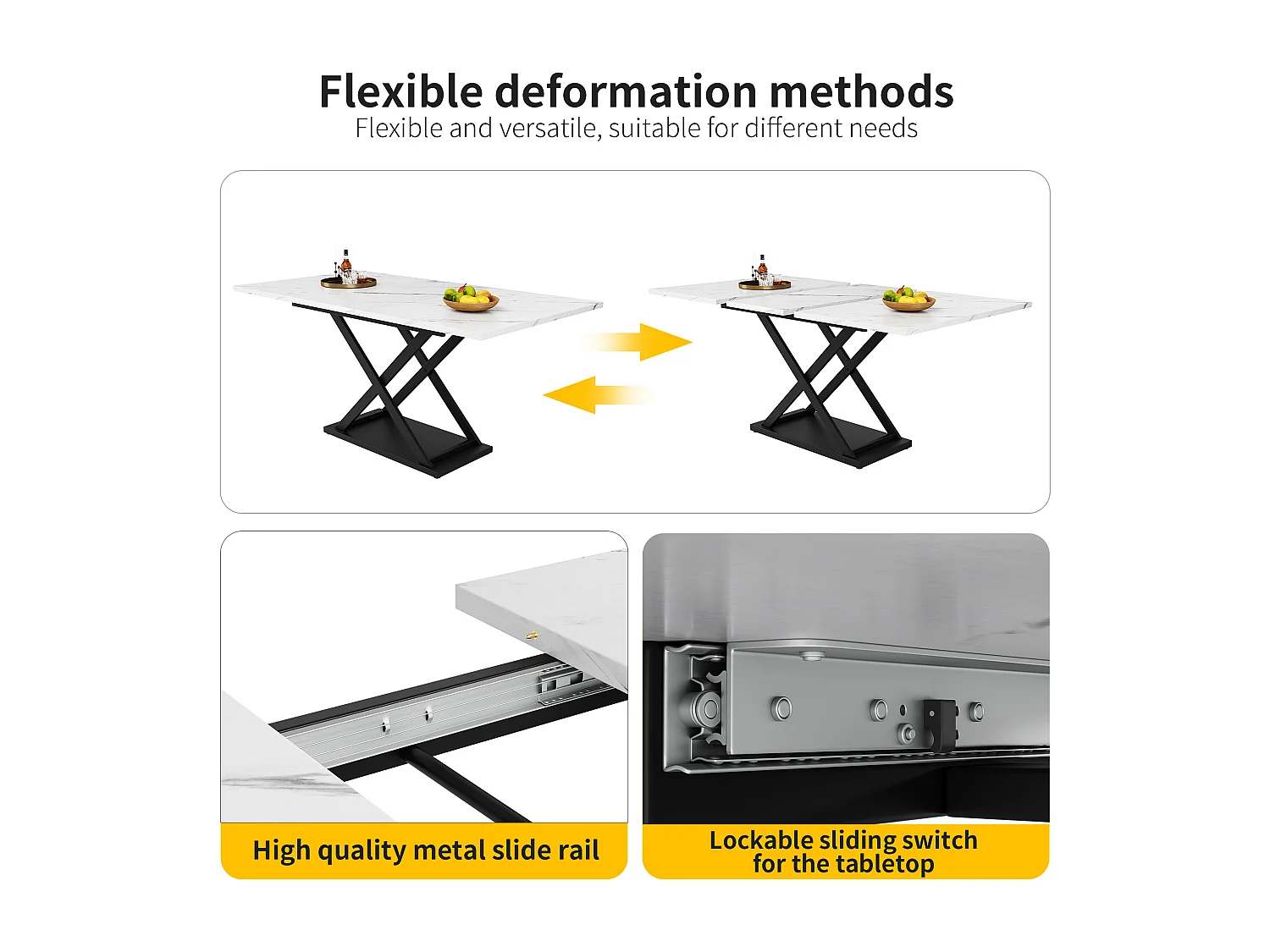 Uittrekbare eettafel - van MDF en metaal - blad met marmereffect - Wit