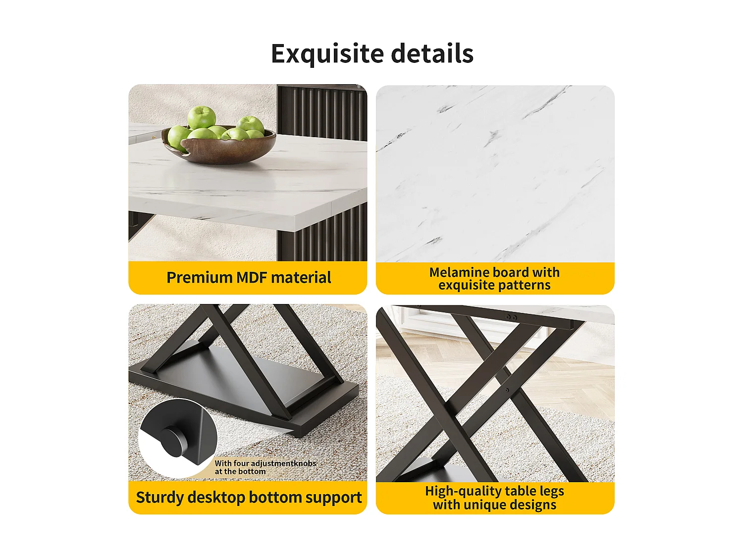 Uittrekbare eettafel - van MDF en metaal - blad met marmereffect - Wit