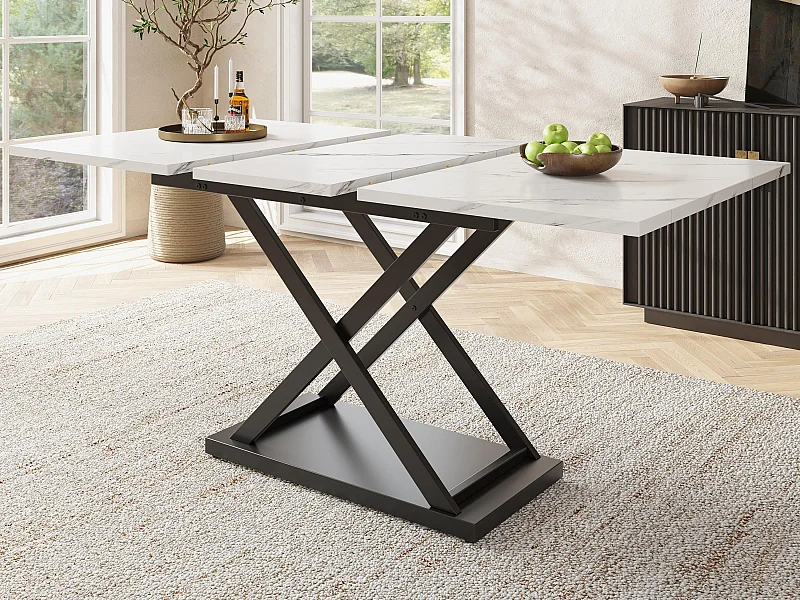 Table à manger escamotable - en MDF & Métal - plateau effet marbre - Blanc