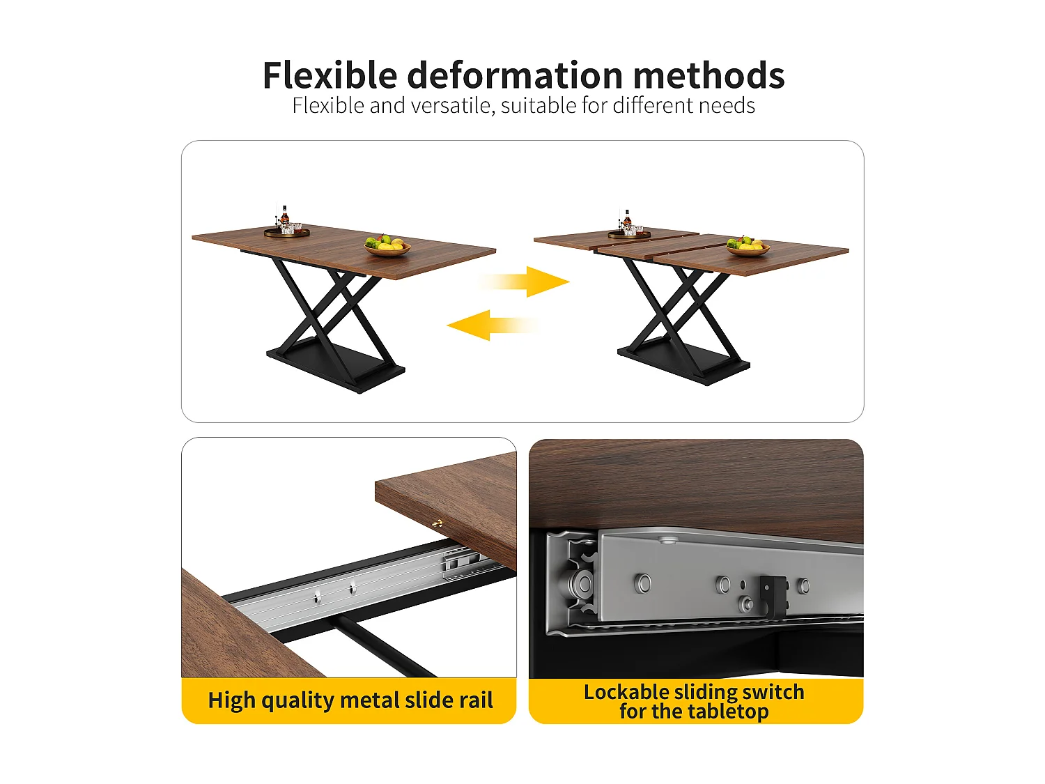 Table à manger escamotable - en MDF & Métal - plateau effet grain de bois - Marron