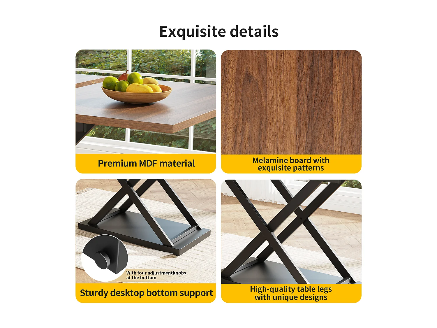 Table à manger escamotable - en MDF & Métal - plateau effet grain de bois - Marron