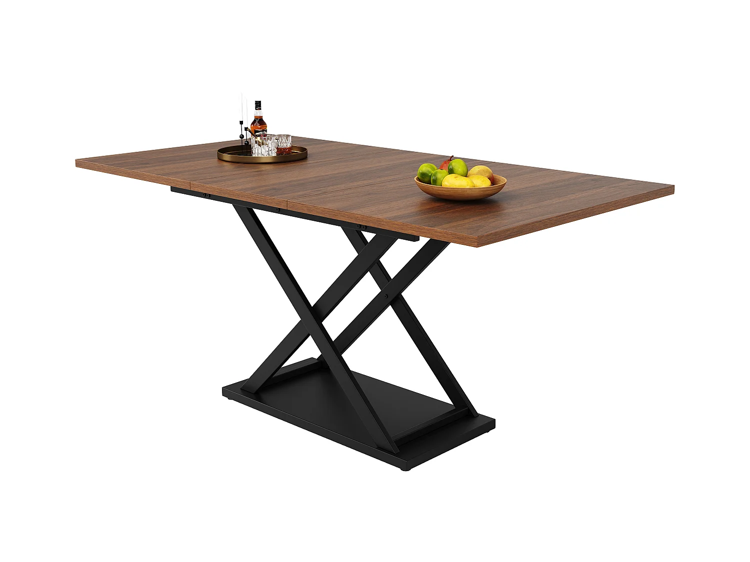 Table à manger escamotable - en MDF & Métal - plateau effet grain de bois - Marron