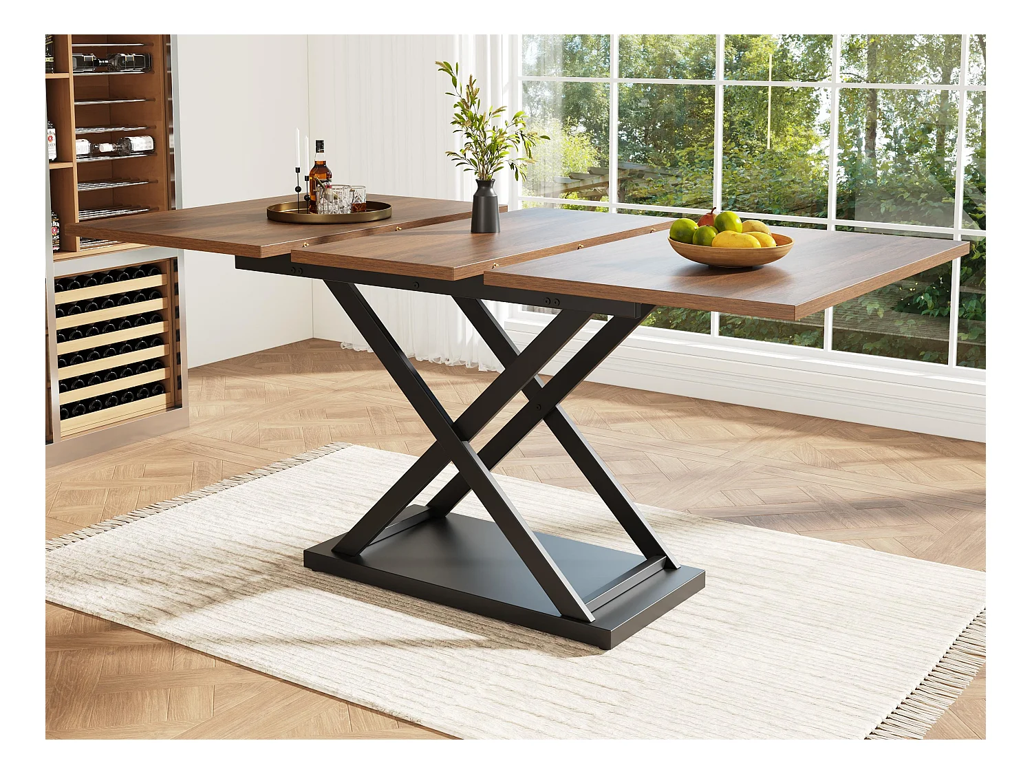 Table à manger escamotable - en MDF & Métal - plateau effet grain de bois - Marron